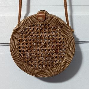 Anthropologie Round Rattan Wicker Woven Shoulder Bag